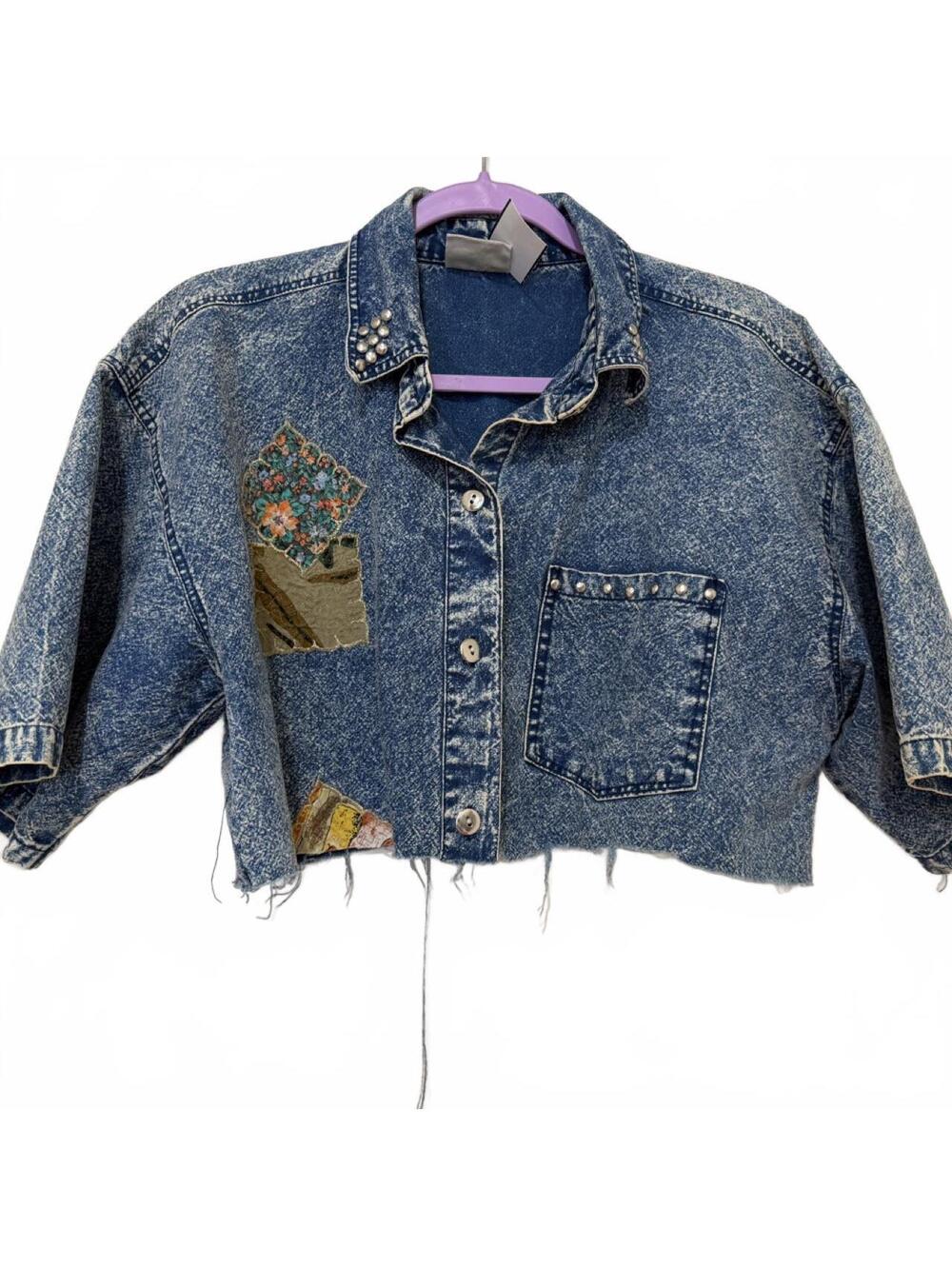 Kaktus Womens Blue Tailored Cropped Short Sleeve Boho Jacket Shirt Embroidered M